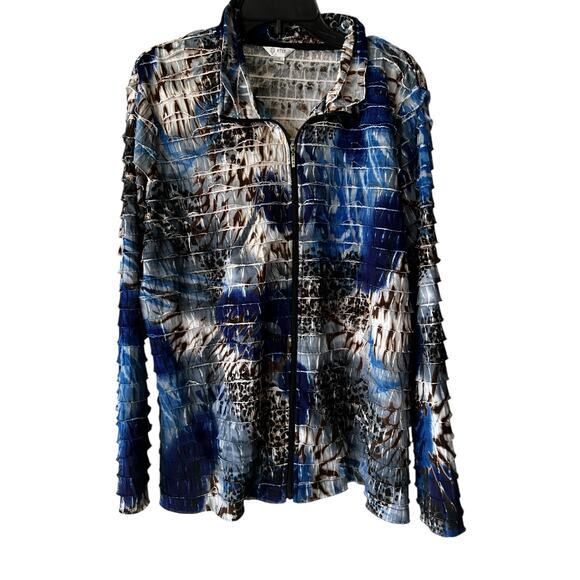 ERIN blue satin full zip mosaic watercolor tiered raw hem jacket NWOT PLUS Sz 1X - Picture 1 of 11